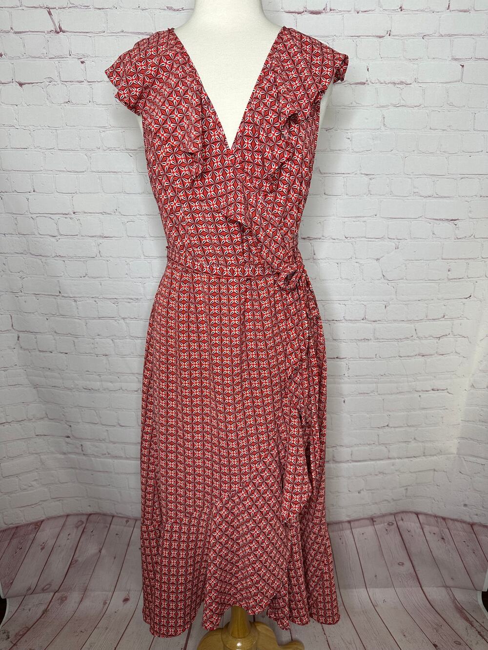 Max Studio Red Geo Pattern Ruffle Wrap Dress Women's XL Date Garden Party